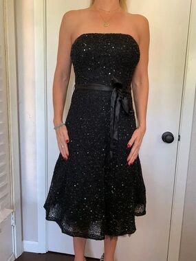 Strapless Moda Iternational Black Bead Sequin A-Line Evening Gown Cocktail Dress